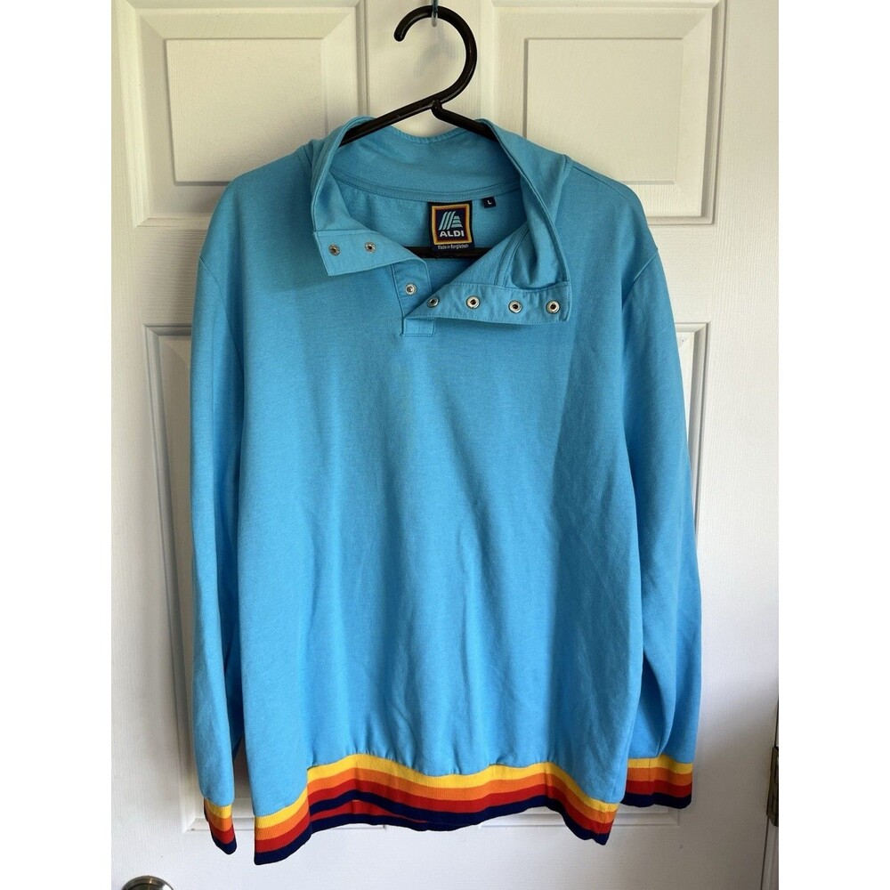 ALDI Men’s L Blue Cotton Knit Pullover Sweatshirt Snap Neck Rainbow Trim Logo
